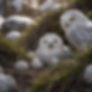 A snowy owl nest hidden among rocks and vegetation, with eggs inside
