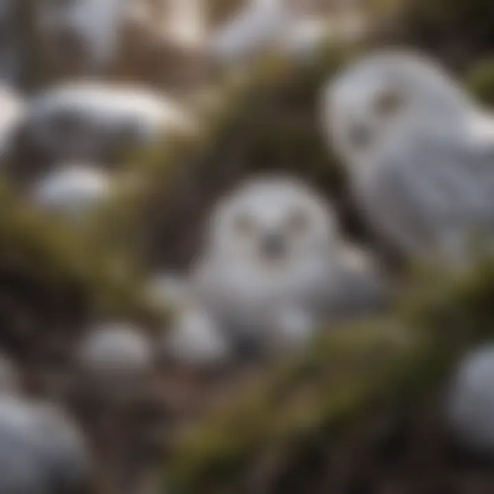 A snowy owl nest hidden among rocks and vegetation, with eggs inside