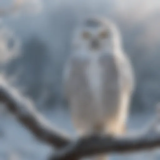 A snowy owl perched on a frost-covered branch against a winter landscape