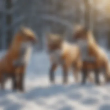 Foxes Playing in Snow A group of foxes playing in a snowy landscape, illustrating their social behavior.