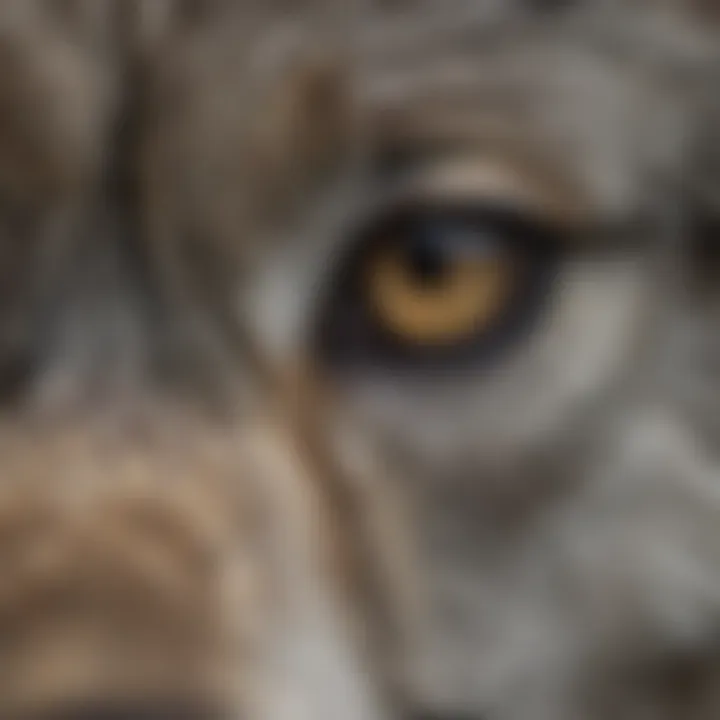 Close-up of a gray wolf's eyes, reflecting its intelligence and predatory nature