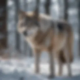 A gray wolf in its natural habitat, showcasing its majestic form amidst a snowy landscape