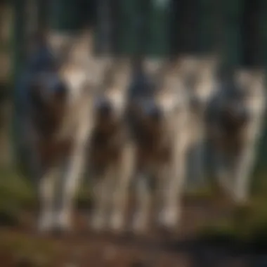 A pack of gray wolves hunting together, demonstrating their social dynamics and teamwork