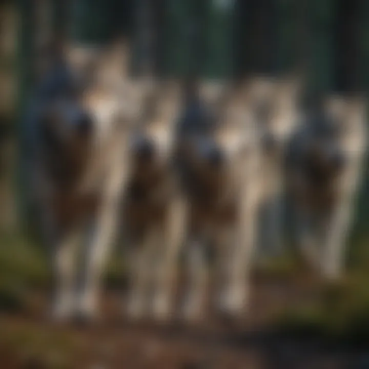 A pack of gray wolves hunting together, demonstrating their social dynamics and teamwork