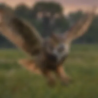 A great horned owl in flight over a meadow during dusk