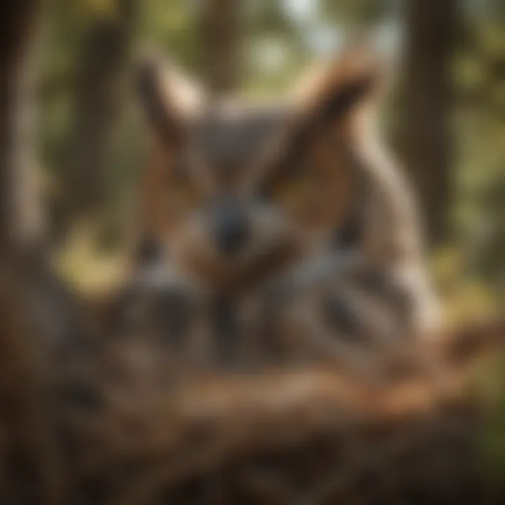 A close-up of a great horned owl nest nestled high in a tree