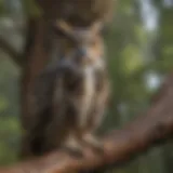 A great horned owl perched quietly on a tree branch in a dense forest
