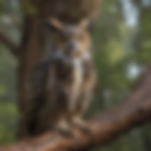 A great horned owl perched quietly on a tree branch in a dense forest