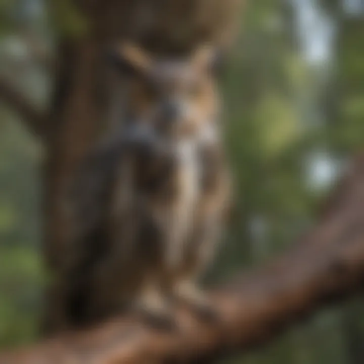 A great horned owl perched quietly on a tree branch in a dense forest