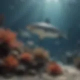 A vibrant coral reef teeming with various shark species