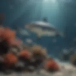 A vibrant coral reef teeming with various shark species