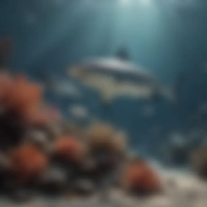 A vibrant coral reef teeming with various shark species