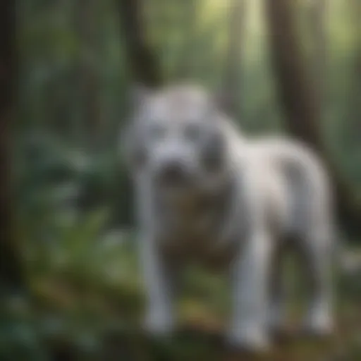 A serene landscape showcasing the natural habitat of white tigers in a dense forest