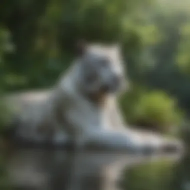 White Tiger by the Water A white tiger resting near a tranquil water source surrounded by lush vegetation