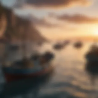 Fishing boats on the ocean at sunset