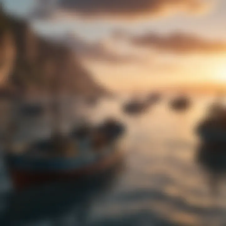 Fishing boats on the ocean at sunset