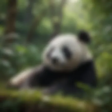 Panda Resting in Nature Panda bear resting in a lush green environment, highlighting its peaceful nature.
