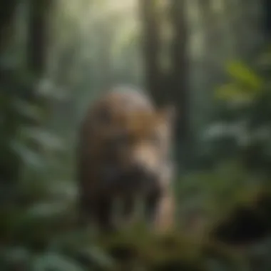 A majestic jaguar prowling through dense rainforest foliage.