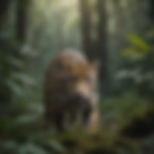 A majestic jaguar prowling through dense rainforest foliage.