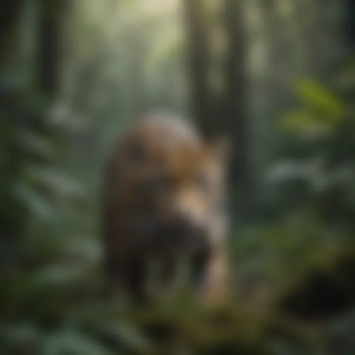 A majestic jaguar prowling through dense rainforest foliage.