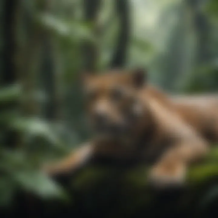 A jaguar resting in the lush foliage of the rainforest