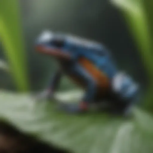 A vibrant poison dart frog perched on a leaf
