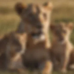 A lioness with her playful cubs in the grasslands