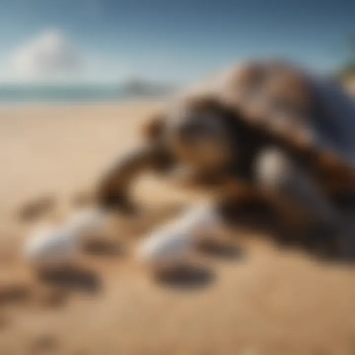 A turtle laying eggs on a sandy beach, depicting its reproductive behavior
