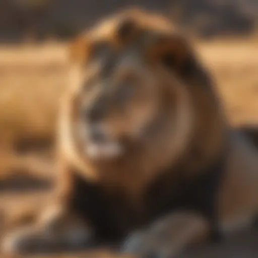 A magnificent lion resting in the savanna under the golden sun