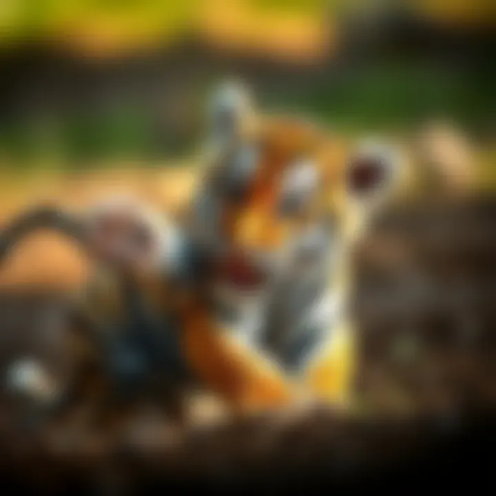 A young tiger cub playing, demonstrating the growth stages of tigers.