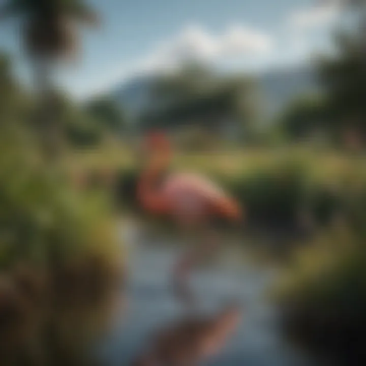 A picturesque landscape of a flamingo habitat with wetland vegetation