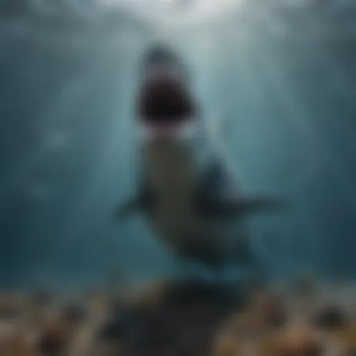 A detailed illustration of a megalodon showcasing its massive size compared to other marine creatures.