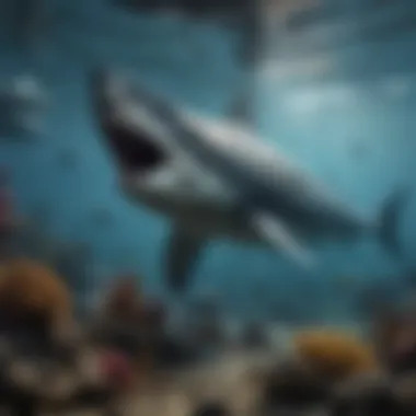 Megalodon in Its Ancient Ecosystem An artistic depiction of the megalodon in its natural habitat, surrounded by prehistoric marine life.