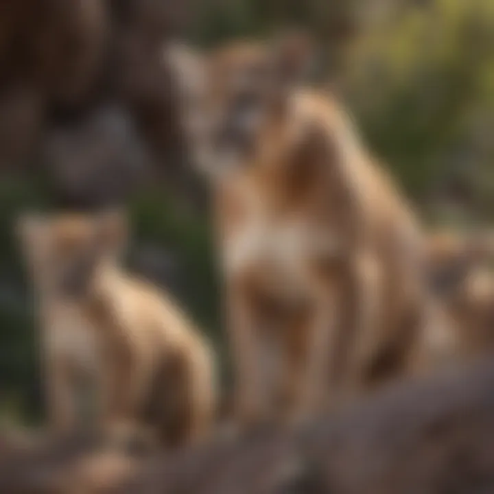 A mountain lion interacting with its cubs in a serene, wild setting.