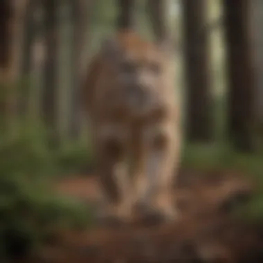 A mountain lion stealthily stalking its prey in a lush, dense forest.