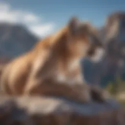 A majestic mountain lion resting on a rocky outcrop under a clear blue sky.