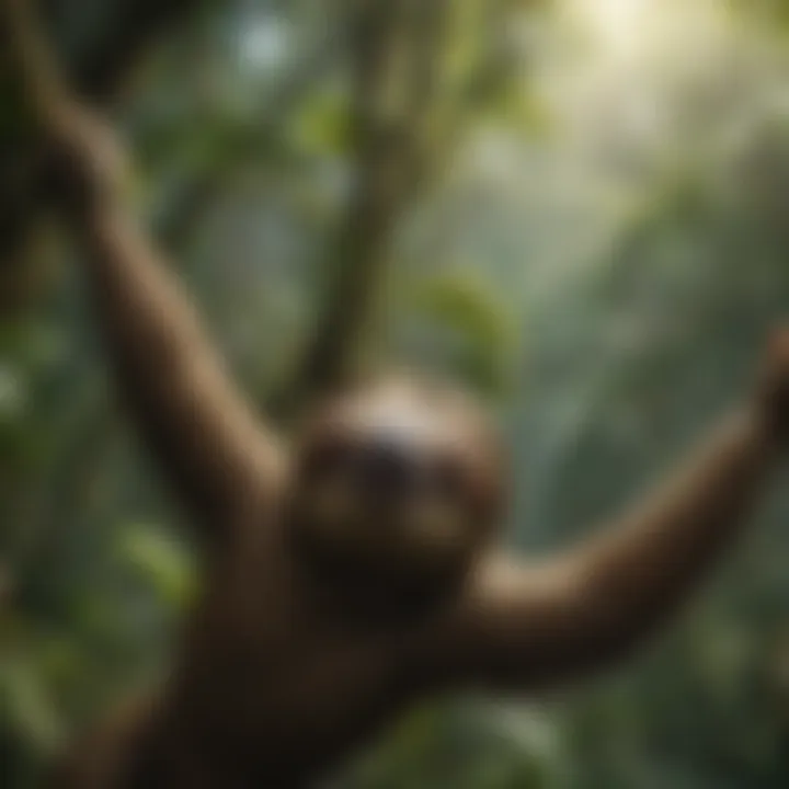 A lush rainforest scene representing the sloth's natural habitat with rich biodiversity.