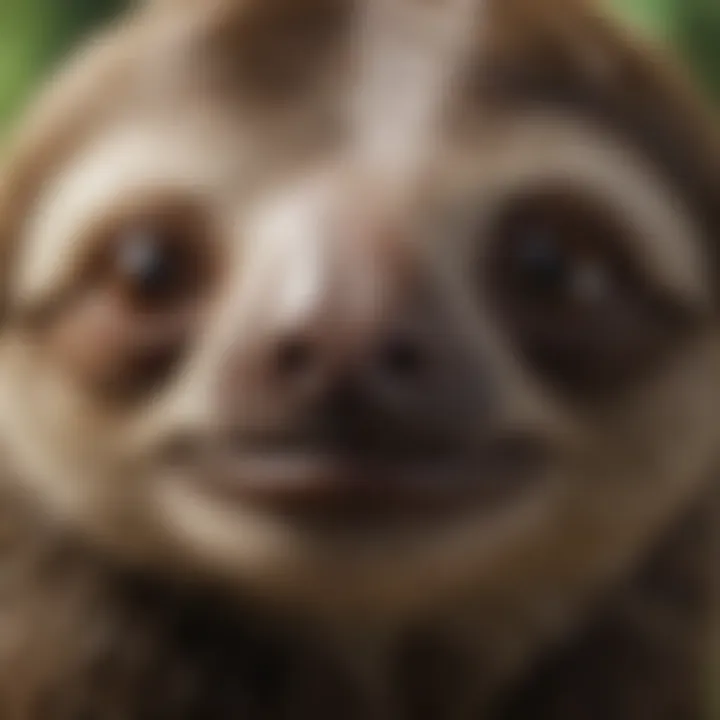A close-up of a sloth's face, emphasizing its gentle expression and large eyes.