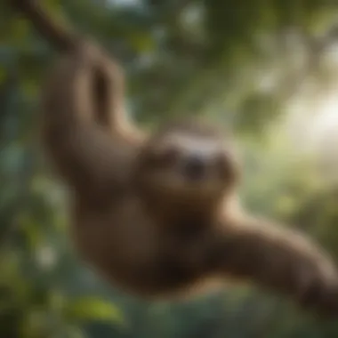 A sloth hanging from a tree branch, showcasing its unique fur and long limbs.