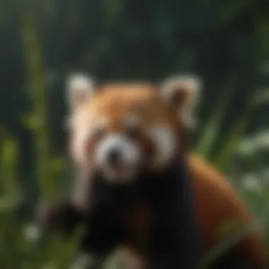 Red panda playing with a bamboo stalk, demonstrating curiosity
