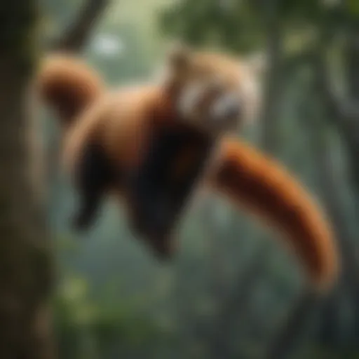 Red panda climbing a tree, showcasing its playful agility