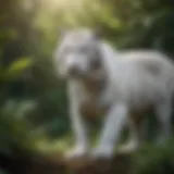 A majestic white tiger prowling through a lush green habitat, illustrating its natural environment.