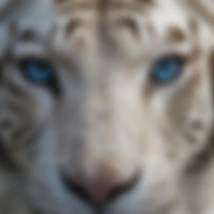 Close-up of a white tiger's striking blue eyes, showcasing its unique genetic traits.