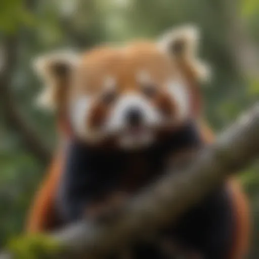 A red panda perched on a tree branch, showcasing its distinctive fur and playful demeanor.