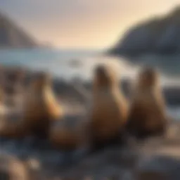 A group of sea lions basking on rocky shores under the sun