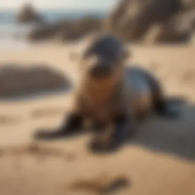A close-up of a sea lion pup playing on the beach