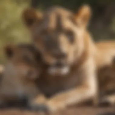 A lioness caring for her cubs, highlighting maternal roles and social nurturing within the pride.