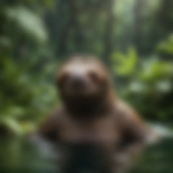 Sloth emerging from water surrounded by lush vegetation