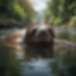Sloth swimming in a tranquil river