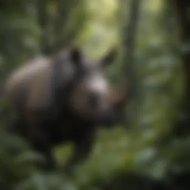 A Sumatran rhinoceros hiding among dense foliage.